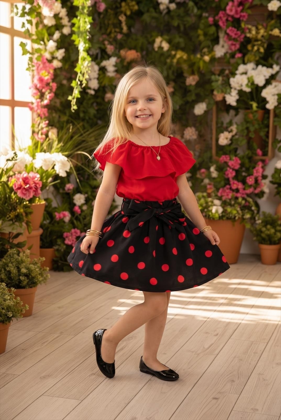 The Nile Luxuries girls' red ruffled top with black polka dot skirt and bow detail. Comfortable fabric for all-day wear.