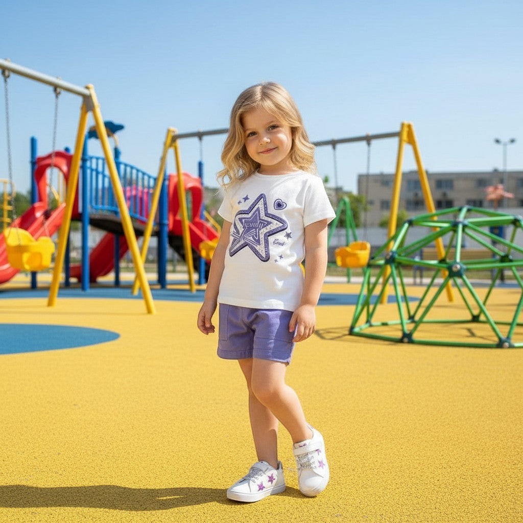 The Nile Luxuries girls white cotton t-shirt with purple star graphic and lavender shorts. Comfortable for play.