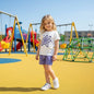 The Nile Luxuries girls white cotton t-shirt with purple star graphic and lavender shorts. Comfortable for play.