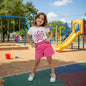 The Nile Luxuries girls white t-shirt with pink star graphic and pink shorts set. Cotton blend.
