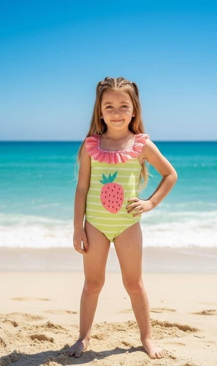 The Nile Luxuries girls' light green striped one-piece swimsuit with pink ruffle trim and a strawberry graphic.
