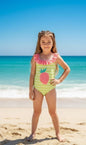 The Nile Luxuries girls' light green striped one-piece swimsuit with pink ruffle trim and a strawberry graphic.