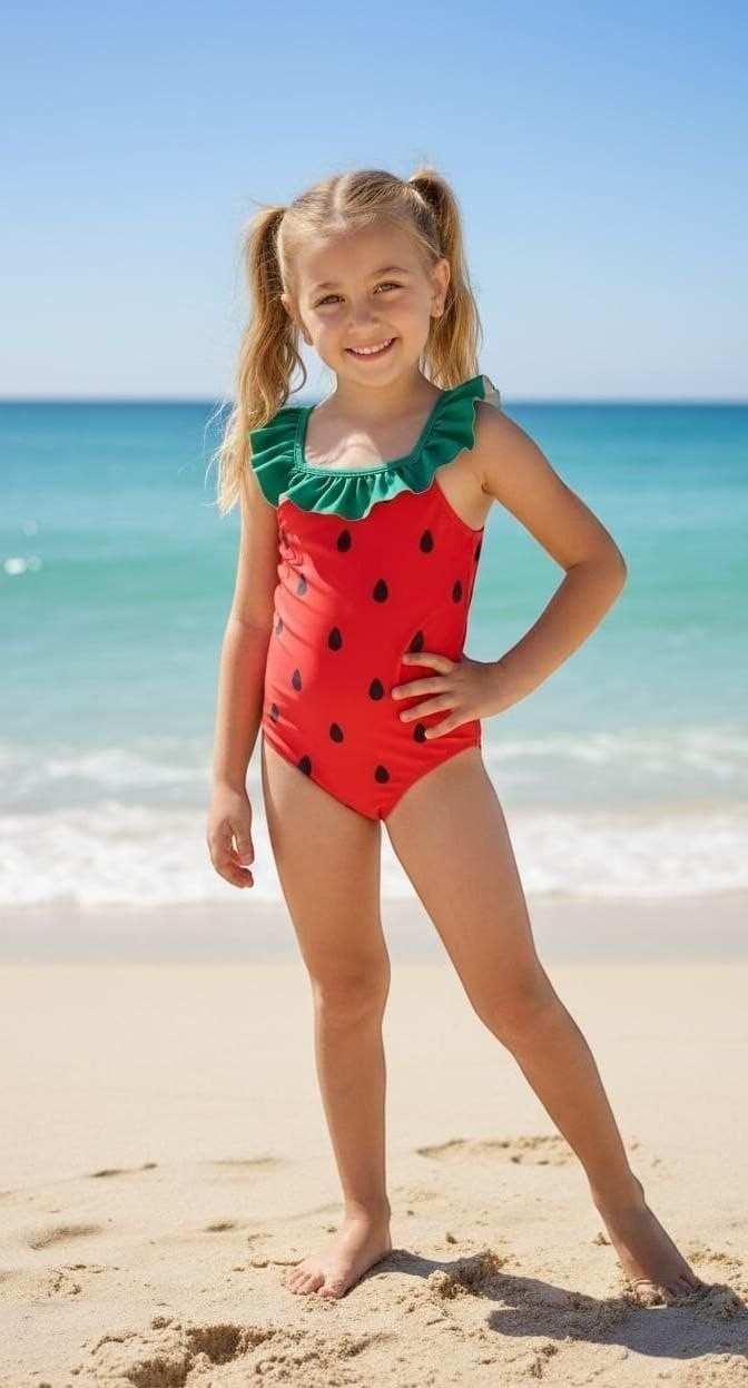 The Nile Luxuries girls red one-piece swimsuit with green ruffle trim and black strawberry print