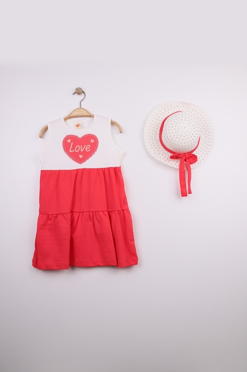 The Nile Luxuries girls' white sleeveless tiered dress with coral skirt and pink heart 'Love' graphic. Matching white hat with coral ribbon.