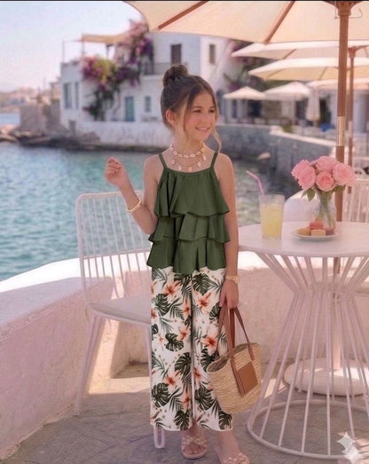 The Nile Luxuries girls' olive green tiered ruffle camisole top with tropical print wide-leg pants.