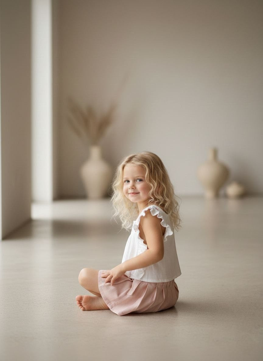 The Nile Luxuries girls' white ruffled sleeve top with floral embroidery and pink pleated shorts.
