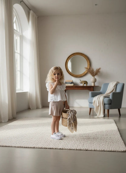 The Nile Luxuries girls' white ruffled sleeve top with floral embroidery and beige pleated shorts. Casual summer outfit.