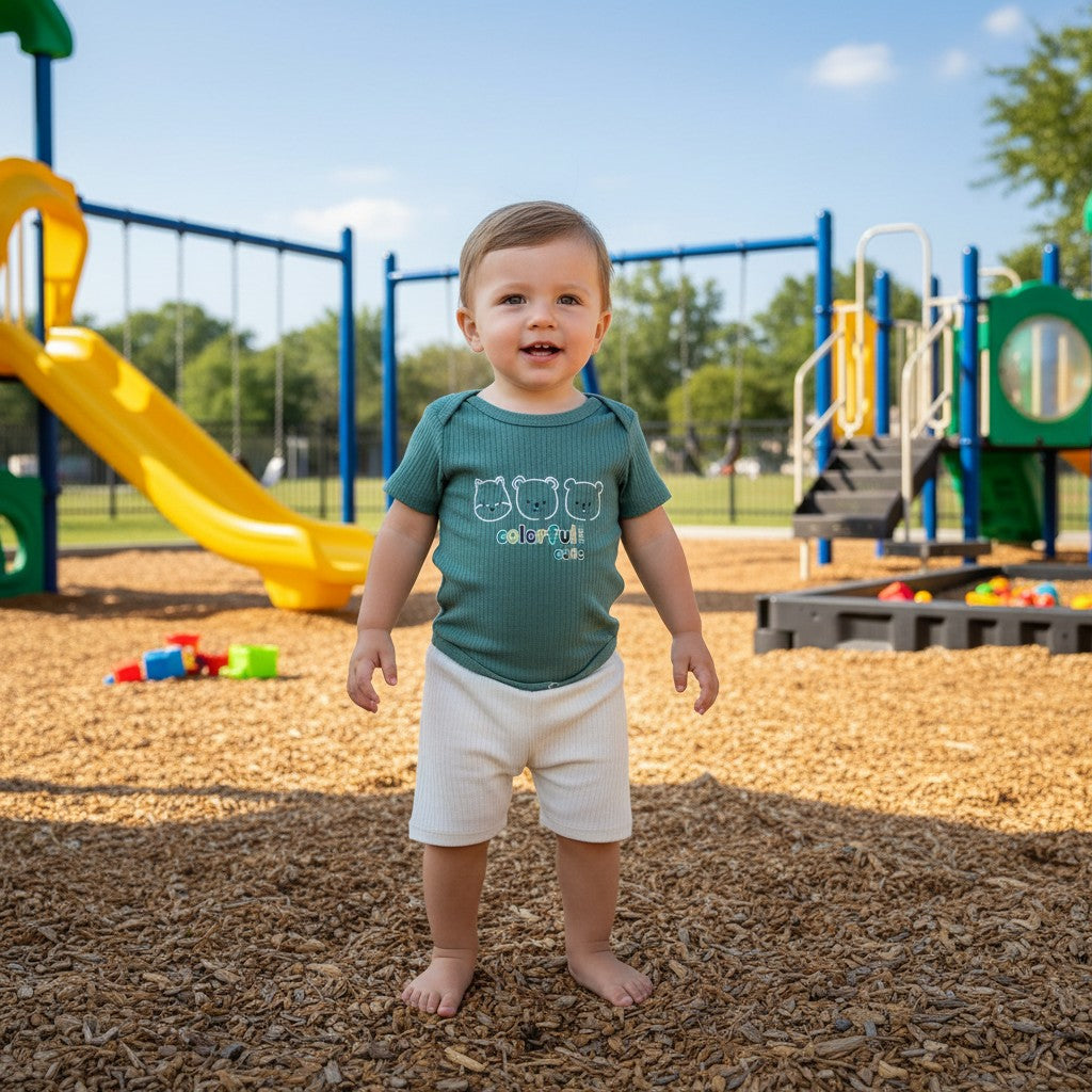 The Nile Luxuries green ribbed knit baby bodysuit with three bear graphic and white ribbed shorts. Short sleeves, snap closure.