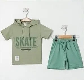 The Nile Luxuries kids olive green cotton short-sleeve hoodie and shorts set with "SKATE" graphic print.