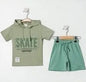 The Nile Luxuries kids olive green cotton short-sleeve hoodie and shorts set with "SKATE" graphic print.
