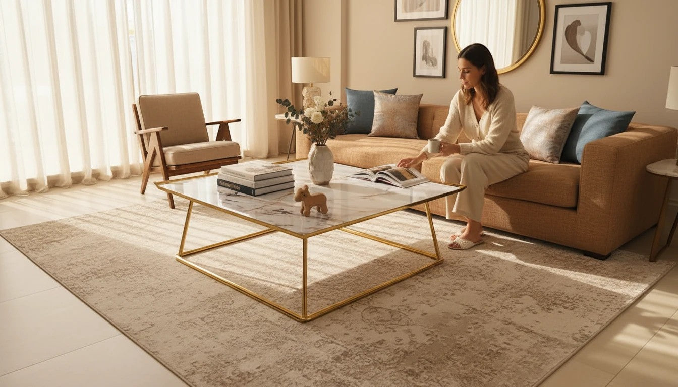 The Nile Luxuries modern white marble-look coffee table with gold geometric base in a living room.