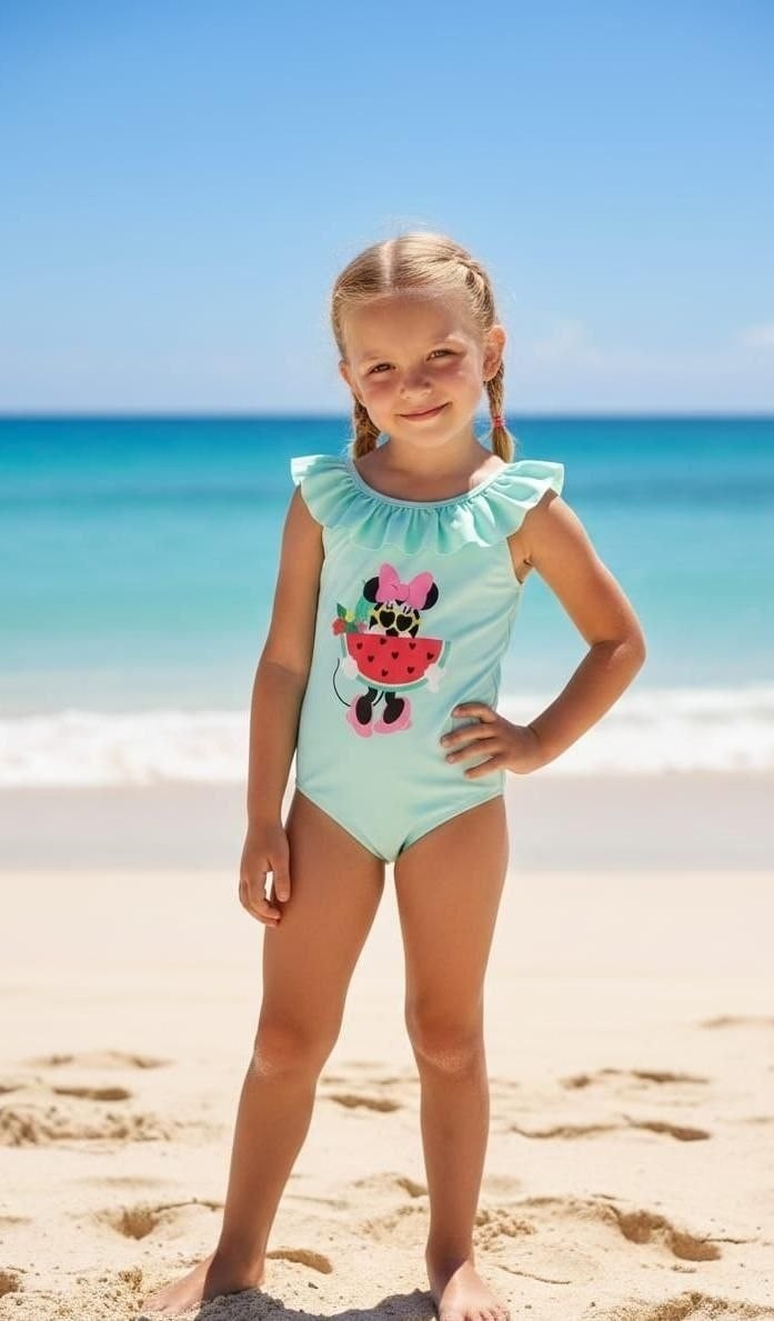 The Nile Luxuries girls' mint green one-piece swimsuit with Minnie Mouse graphic and ruffle trim.