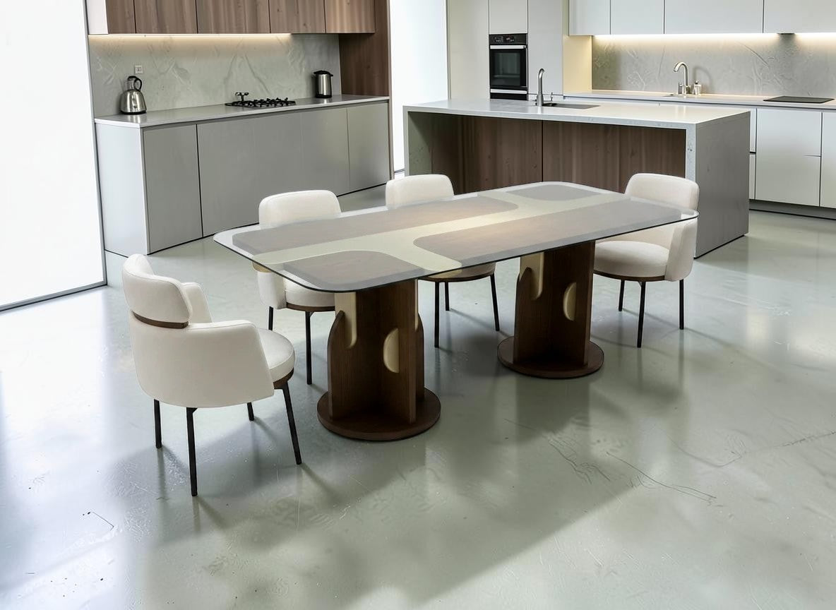 The Nile Luxuries modern dining set with cream upholstered chairs and a glass top table with a unique wood base.