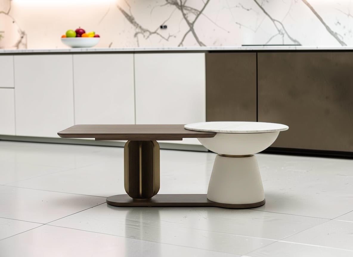 The Nile Luxuries modern dining table with dark wood top, marble top, and unique dual-pedestal base.
