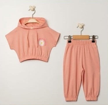 The Nile Luxuries children's peach cotton blend casual hoodie and jogger set with daisy graphic and "Spread Kindness" text.