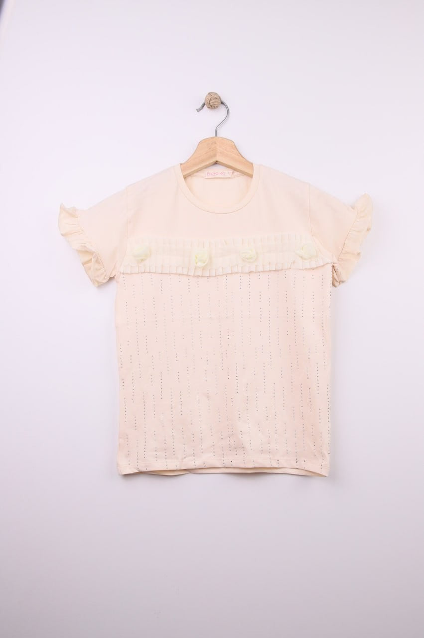 The Nile Luxuries peach cotton t-shirt with ruffled sleeves, floral embellishments, and perforated stripes.
