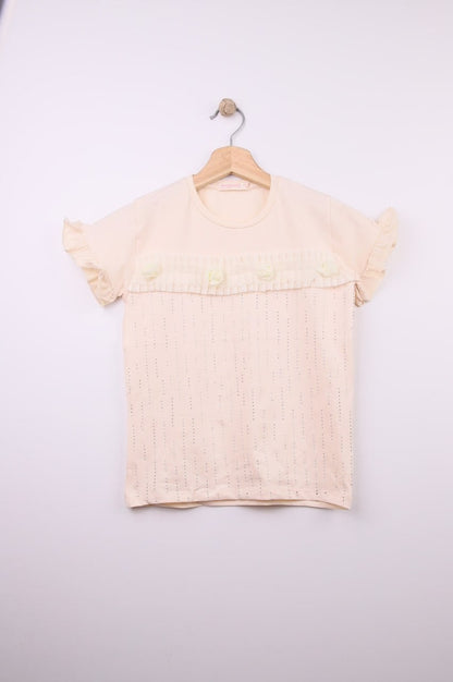 The Nile Luxuries peach cotton t-shirt with ruffled sleeves, floral embellishments, and perforated stripes.