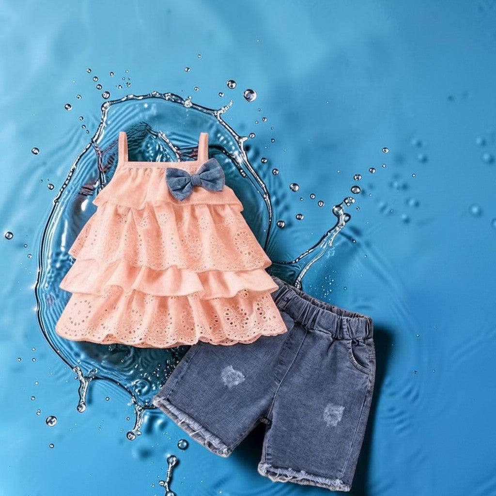 The Nile Luxuries peach tiered eyelet tank top with denim shorts. Features a denim bow accent.