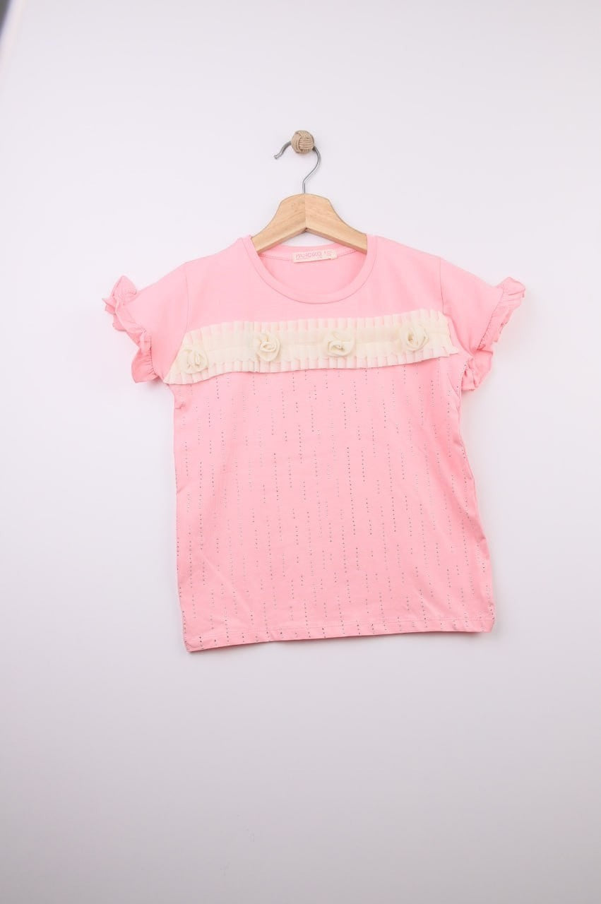 The Nile Luxuries pink cotton t-shirt with ruffled sleeves, floral embellishments, and perforated stripes.