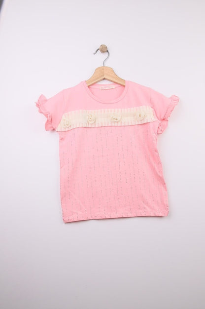 The Nile Luxuries pink cotton t-shirt with ruffled sleeves, floral embellishments, and perforated stripes.
