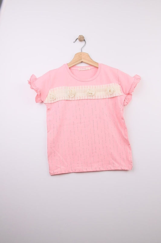 The Nile Luxuries pink cotton t-shirt with ruffled sleeves, floral embellishments, and perforated stripes.