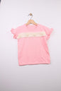 The Nile Luxuries pink cotton t-shirt with ruffled sleeves, floral embellishments, and perforated stripes.