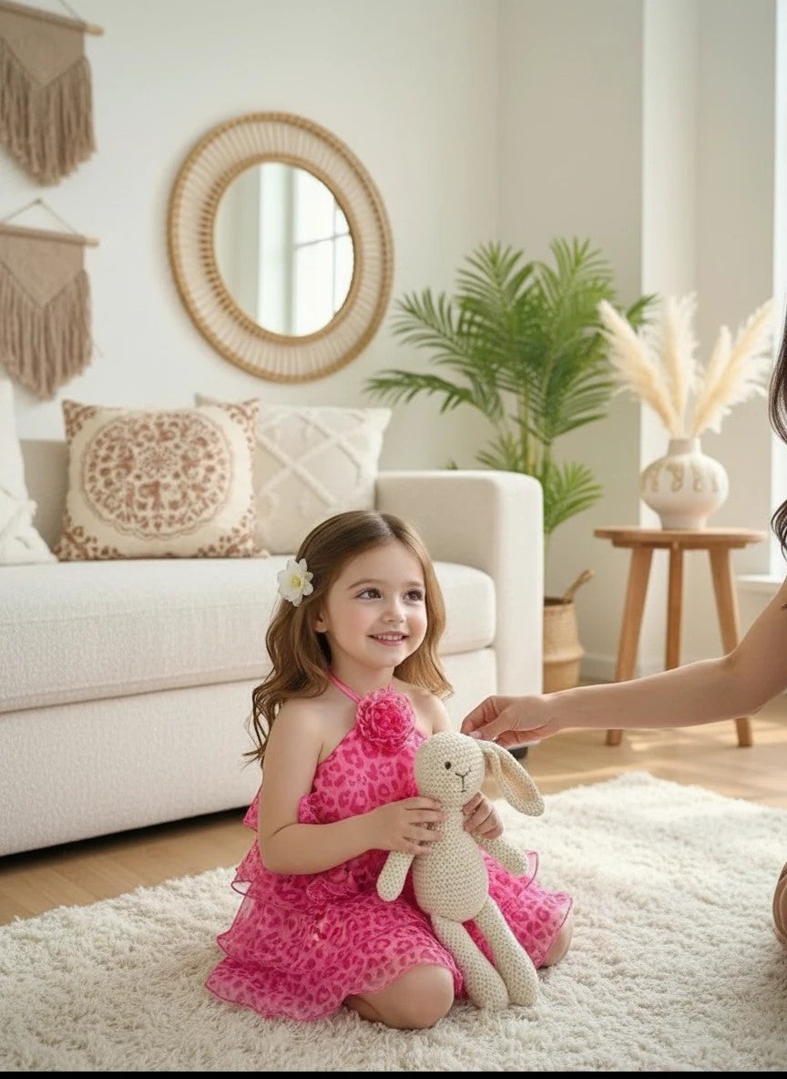 The Nile Luxuries girls' pink leopard print tiered ruffle halter neck dress with flower accent.
