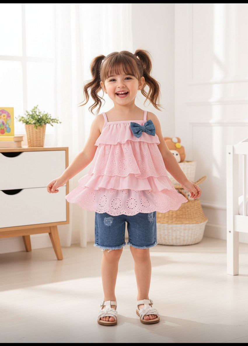 The Nile Luxuries pink tiered eyelet ruffle tank top with denim shorts set for girls.