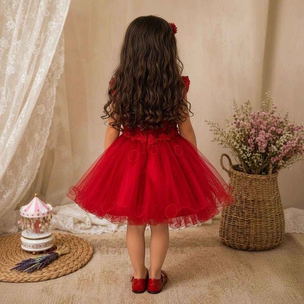 The Nile Luxuries girls red lace and tulle special occasion dress with floral appliques and cap sleeves.