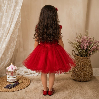 The Nile Luxuries girls red lace and tulle special occasion dress with floral appliques and cap sleeves.