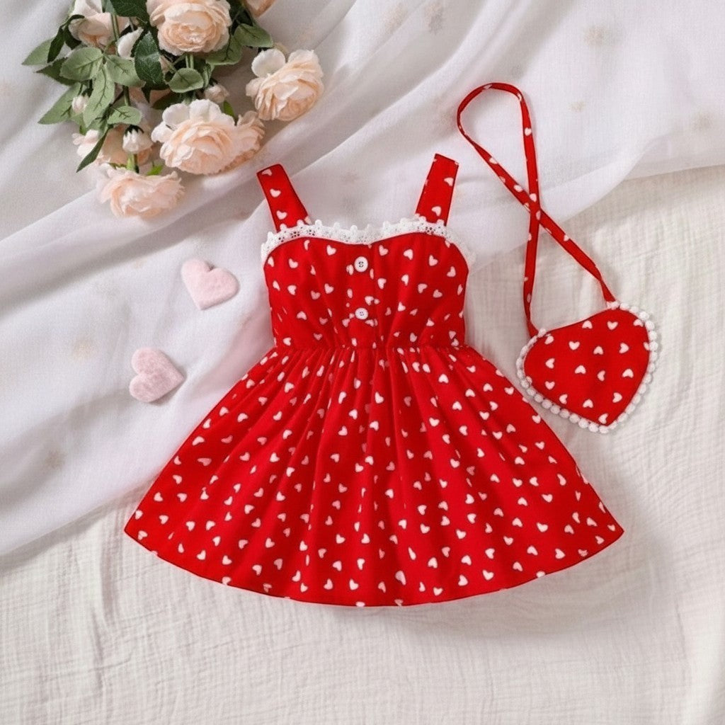 The Nile Luxuries red heart print sundress with lace trim, adjustable straps, and matching heart purse. Sleeveless design.