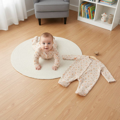 The Nile Luxuries ribbed knit baby sleepsuit with carrot pattern and footies. Features front snaps for easy changes.