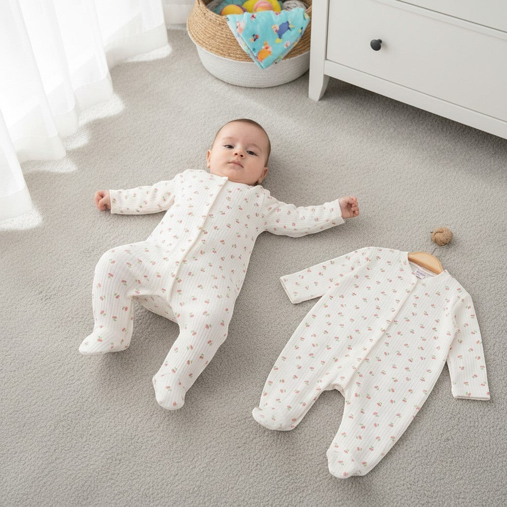 The Nile Luxuries cream ribbed knit baby sleepsuit with cherry pattern and integrated footies. A baby wears one, another hangs on a hanger.