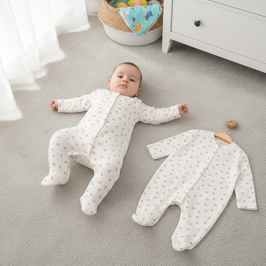 The Nile Luxuries cream ribbed knit baby sleepsuit with cherry pattern and integrated footies. A baby wears one, another hangs on a hanger.
