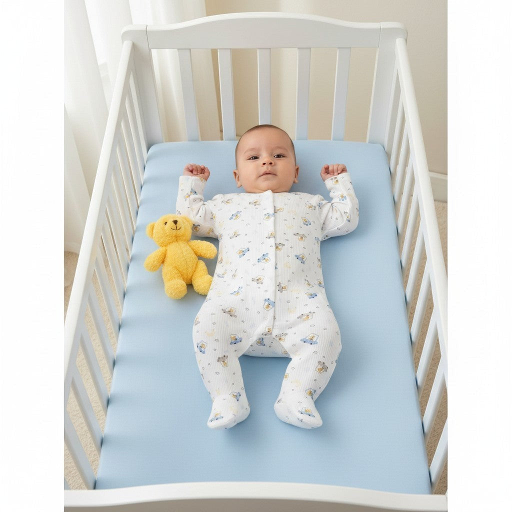 The Nile Luxuries white ribbed knit baby sleepsuit with blue and yellow car pattern. Features integrated footies and full-snap front.