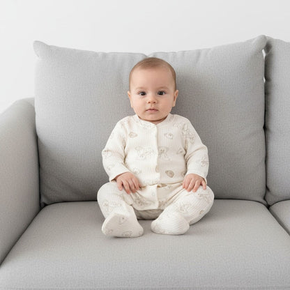 The Nile Luxuries cream ribbed knit footed baby sleepsuit with teddy bear pattern and front snaps.