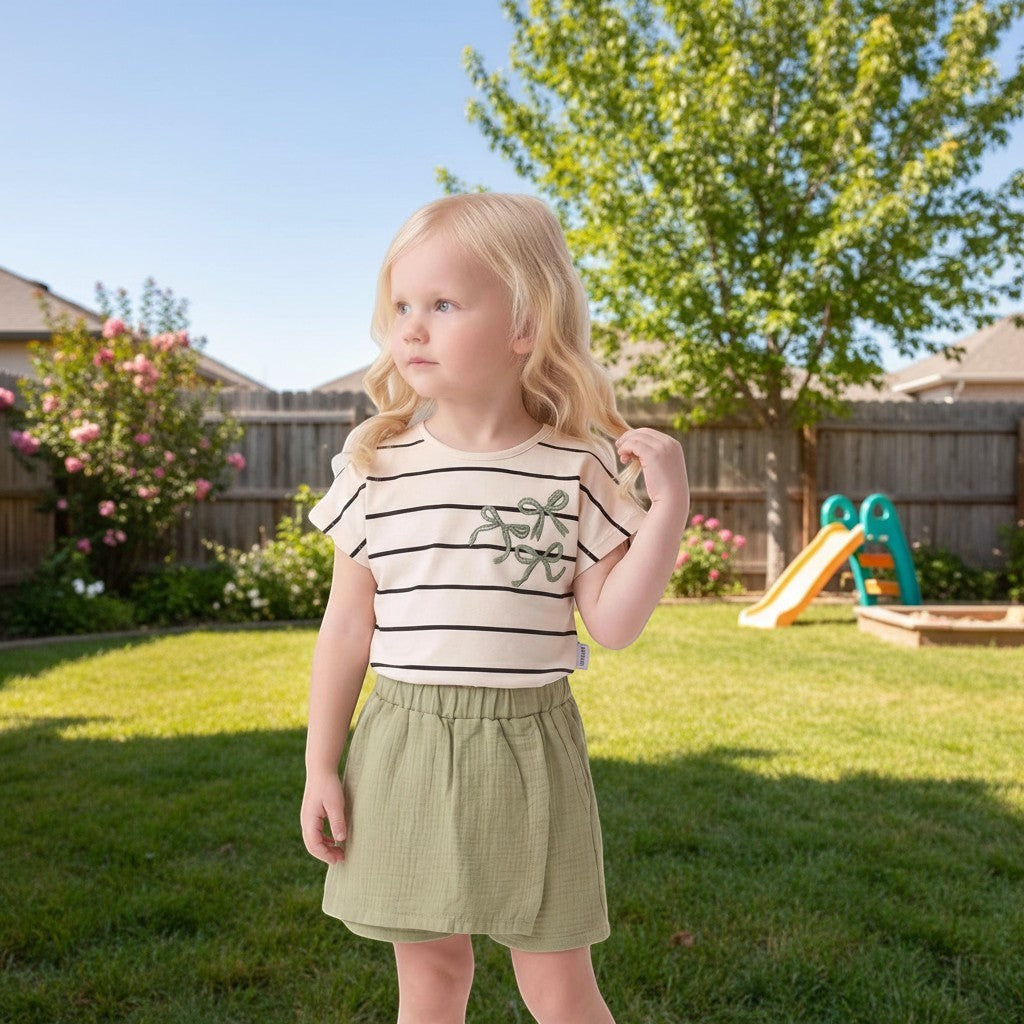 The Nile Luxuries cream and black striped t-shirt with embroidered bows, paired with olive green shorts. Cotton set for girls.