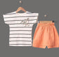 The Nile Luxuries striped t-shirt with bow detail and peach shorts set. Cotton blend, summer outfit.