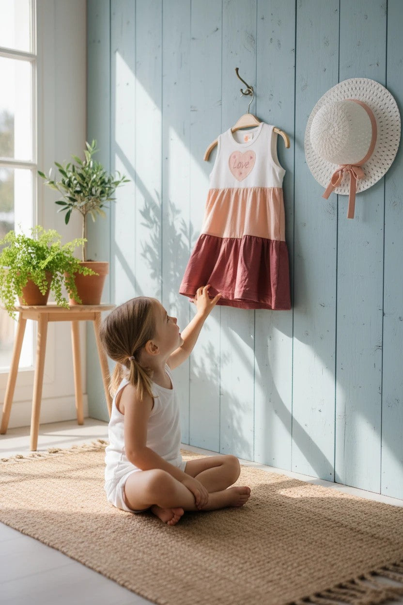 The Nile Luxuries sleeveless tiered dress in white, peach, and rust with a heart graphic saying "Love".