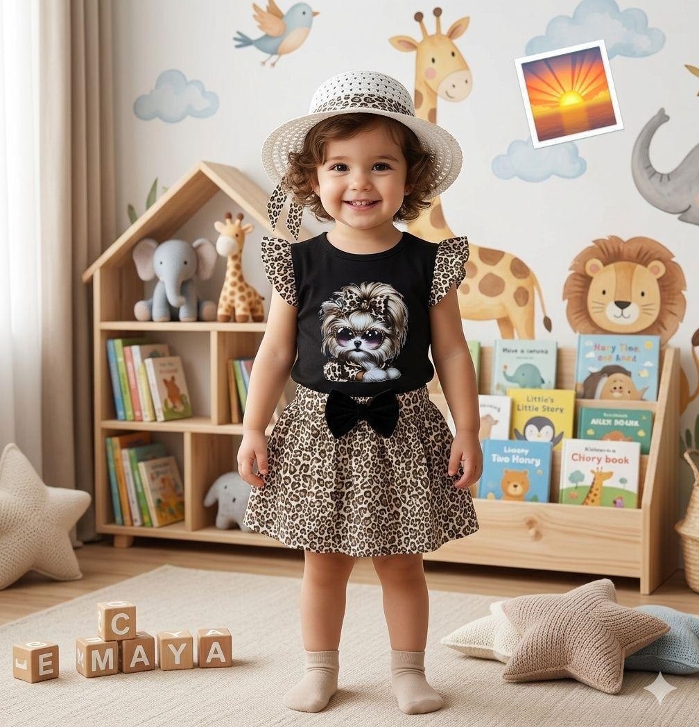 The Nile Luxuries toddler girl's black cotton outfit: sleeveless top with dog graphic, leopard print skirt, and matching hat.
