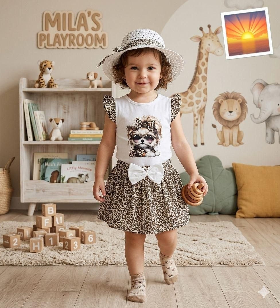 The Nile Luxuries toddler girl's white cotton outfit with Yorkshire Terrier graphic, leopard print skirt, and hat.
