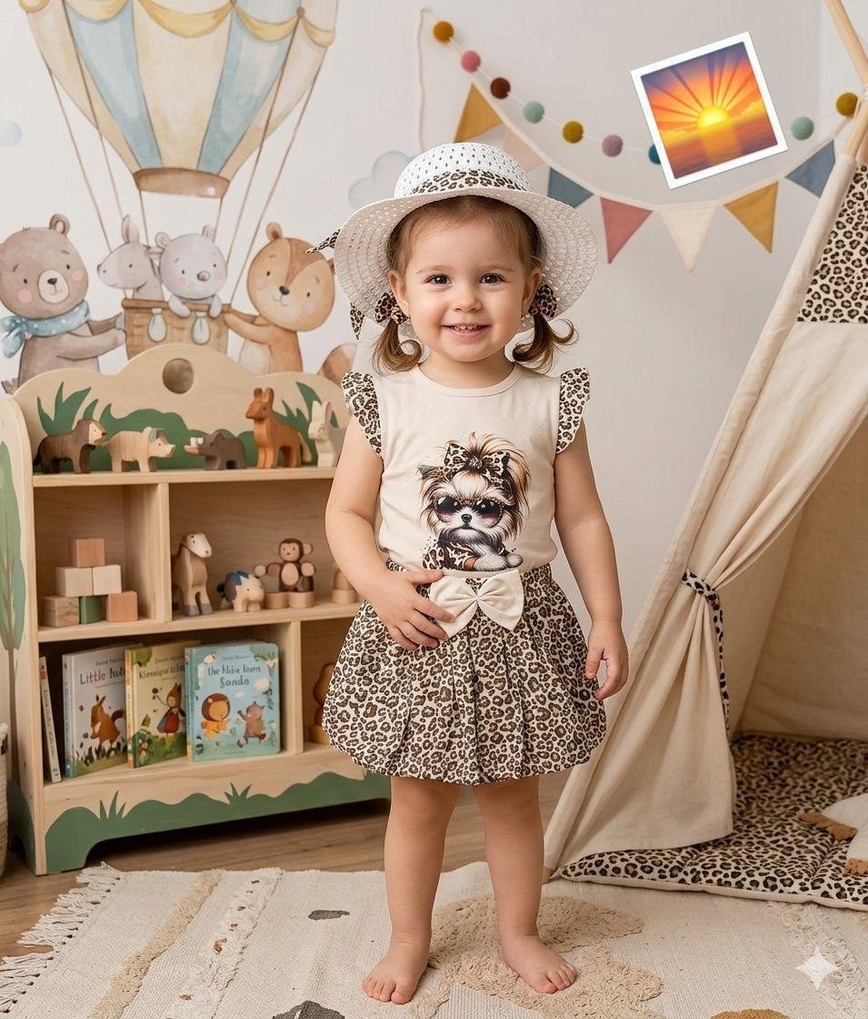 The Nile Luxuries toddler girl's beige cotton 3-piece outfit with Yorkshire Terrier graphic, leopard print skirt, and hat.