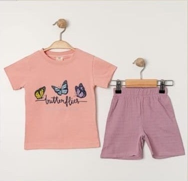 The Nile Luxuries toddler girls peach cotton t-shirt with butterfly graphic and matching dusty rose shorts.