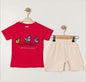 The Nile Luxuries toddler girls red cotton t-shirt with butterfly graphic and matching cream shorts.