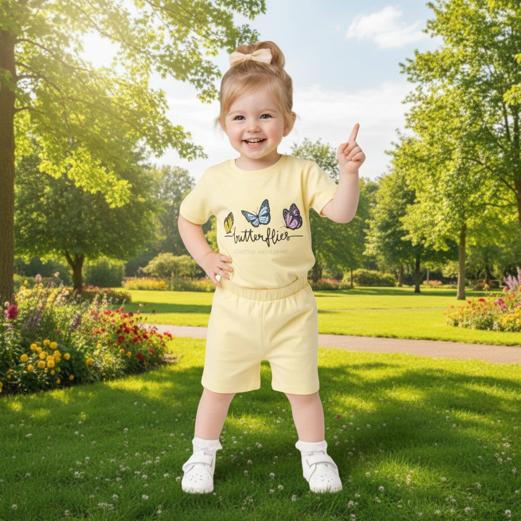 The Nile Luxuries toddler girls yellow cotton t-shirt and shorts set with butterfly graphic and elastic waistband.