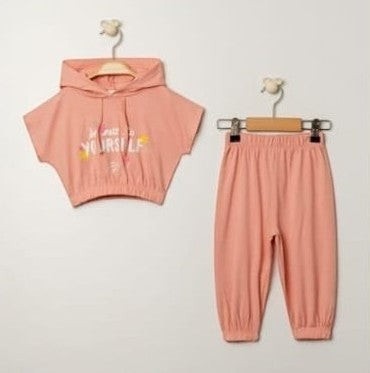 The Nile Luxuries toddler girls coral pink cotton blend hoodie and pants set with "Be Nice To Yourself" graphic.
