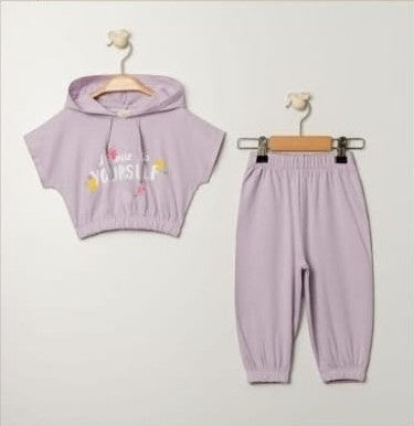 The Nile Luxuries toddler girls lavender cotton blend hoodie and joggers set with "Be Nice To Yourself" graphic.