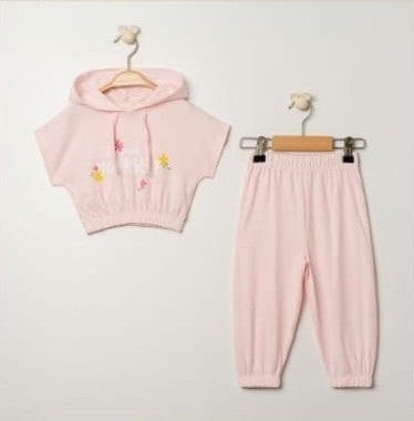 The Nile Luxuries toddler girls pink cotton blend hoodie and joggers set with "Be Nice To Yourself" graphic and floral accents.