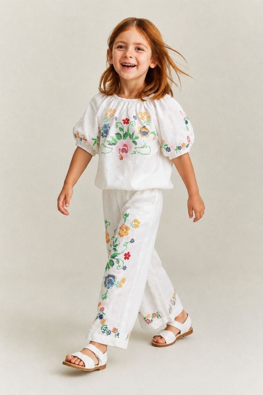 The Nile Luxuries white linen blend off-the-shoulder cropped top with puff sleeves and matching wide-leg pants, featuring colorful floral cross-stitch embroidery.