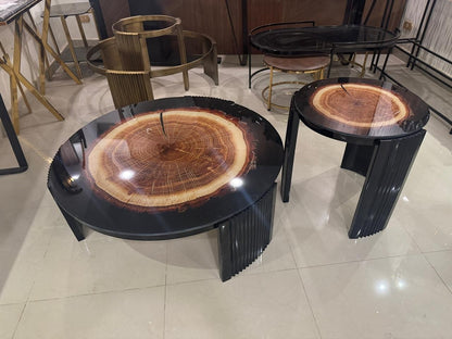 The Nile Luxuries Rustic Wood Slice Coffee Table Set with black pedestal bases and clear resin top showcasing wood grain.